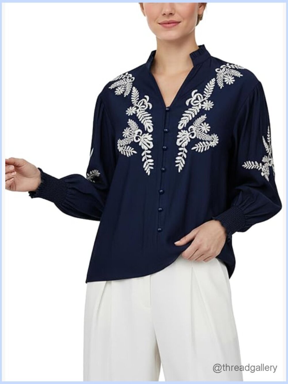 Women's Floral Embroidered Boho Blouse Long Sleeve V-Neck Peasant Summer Top